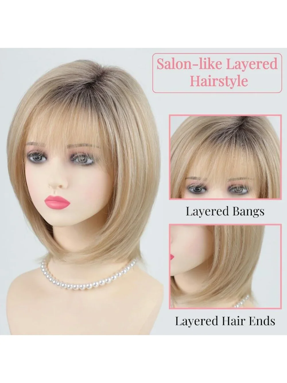 Women's Omber Blonde 12 Inch Mid Length Heat Synthetic Straight Layered Bob Wigs